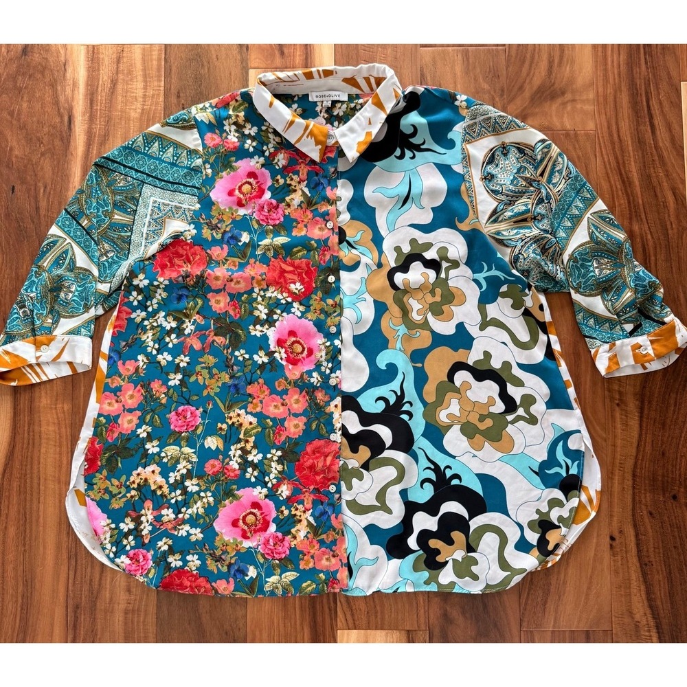 Rose + Olive Mixed Print Tunic/ Blouse Floral Paisley semi-sheer. Size 1X